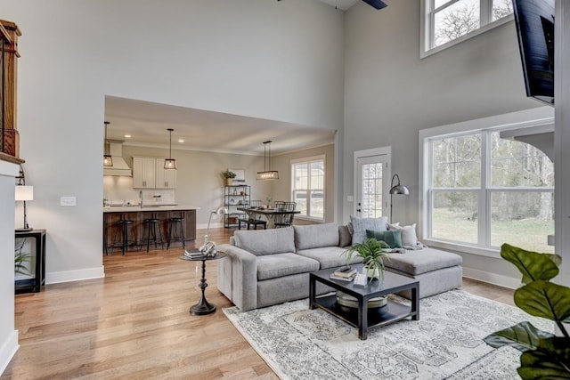 living room featuring a high ceiling, ornamental molding, a wealth of natural light, and light hardwood / wood-style floors