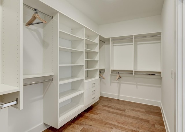 walk in closet with light hardwood / wood-style floors