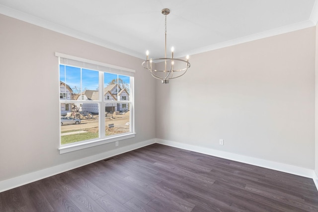 unfurnished dining area featuring crown molding, a chandelier, and dark hardwood / wood-style flooring