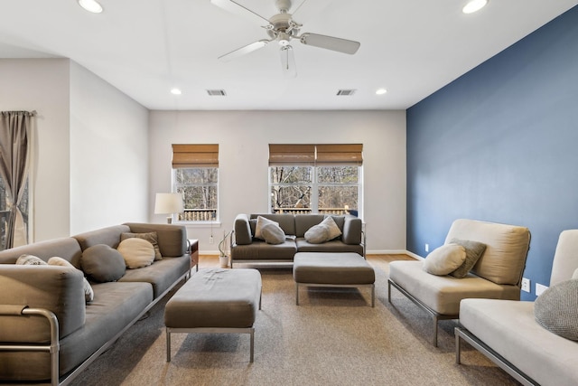 living room with ceiling fan