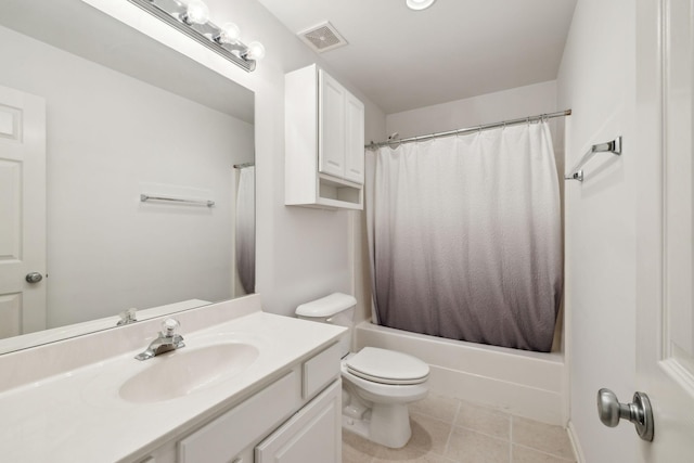 full bathroom with shower / tub combo with curtain, vanity, toilet, and tile patterned flooring