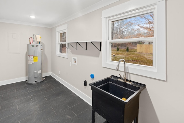 interior space with water heater, crown molding, sink, and electric panel