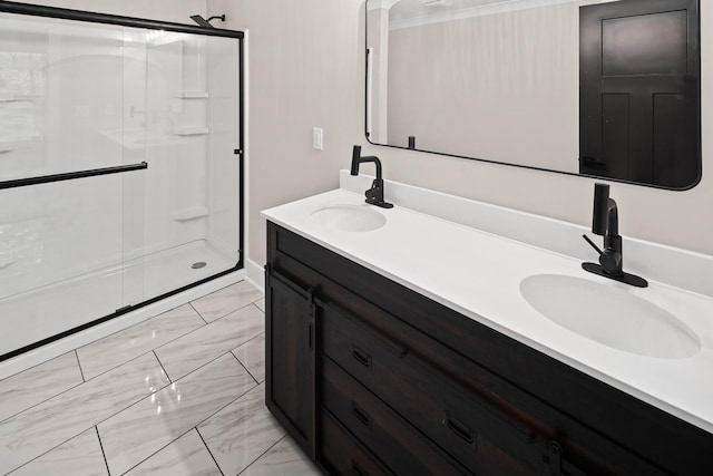 bathroom with vanity and an enclosed shower