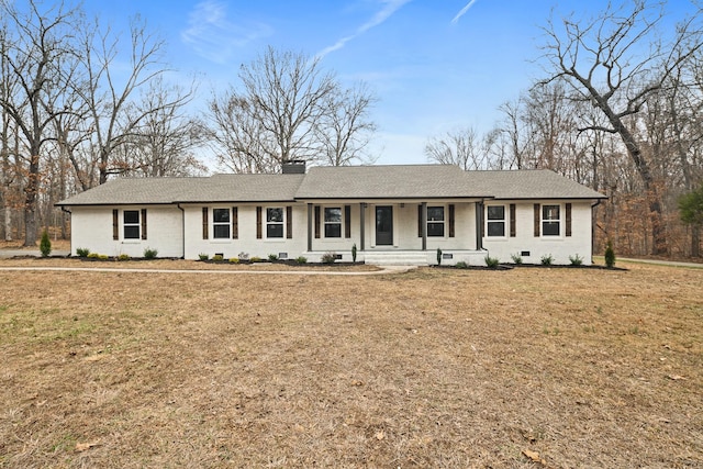 single story home with a porch and a front lawn