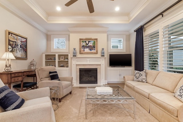 living room featuring crown molding, a fireplace, and a raised ceiling