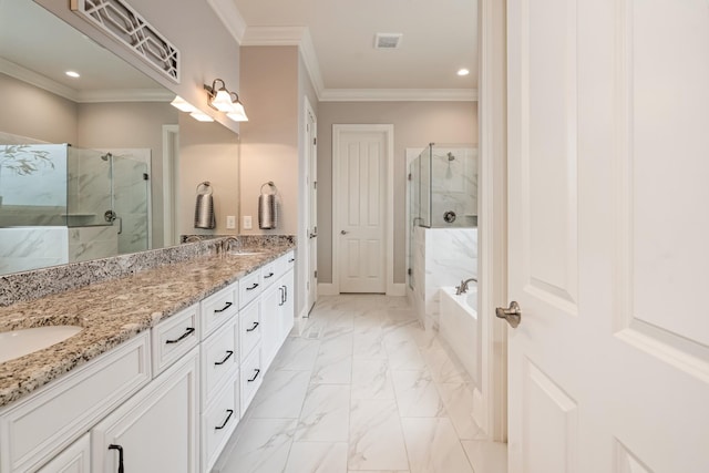 bathroom featuring vanity, crown molding, and plus walk in shower