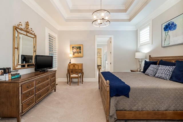 bedroom with a raised ceiling, ornamental molding, light colored carpet, and a notable chandelier