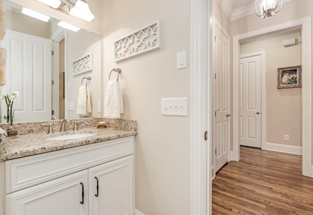 bathroom with vanity, wood-type flooring, and ornamental molding