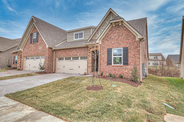 view of front of property with concrete driveway, brick siding, roof with shingles, and a front lawn