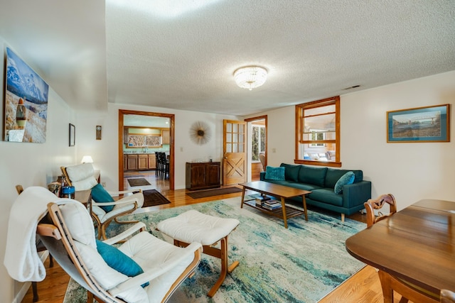 living room with hardwood / wood-style flooring and a textured ceiling