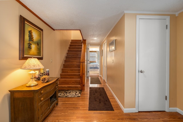 hallway with crown molding, light hardwood / wood-style flooring, and a textured ceiling