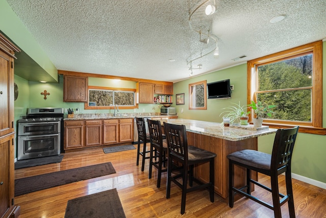 kitchen featuring sink, a breakfast bar area, light stone counters, light wood-type flooring, and stainless steel appliances