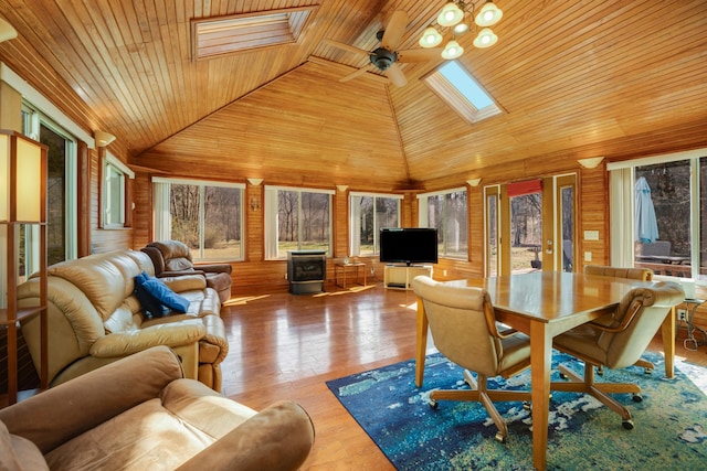 sunroom / solarium with ceiling fan, wooden ceiling, and vaulted ceiling with skylight