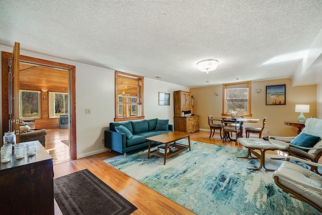 living room featuring light hardwood / wood-style flooring and a textured ceiling