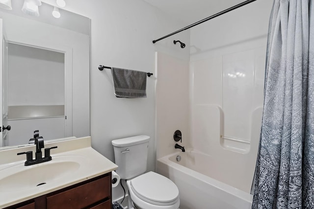 full bathroom featuring vanity, toilet, and shower / bathtub combination with curtain