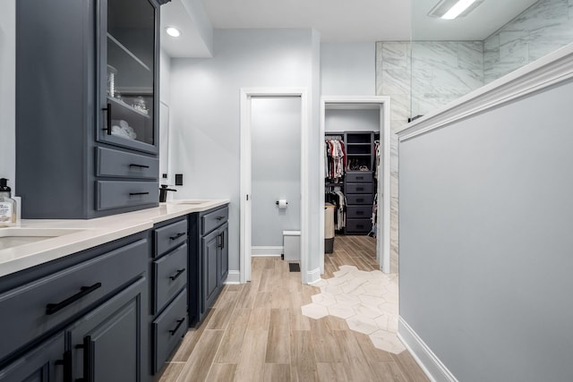 full bathroom featuring a walk in shower, wood finished floors, a sink, double vanity, and a walk in closet