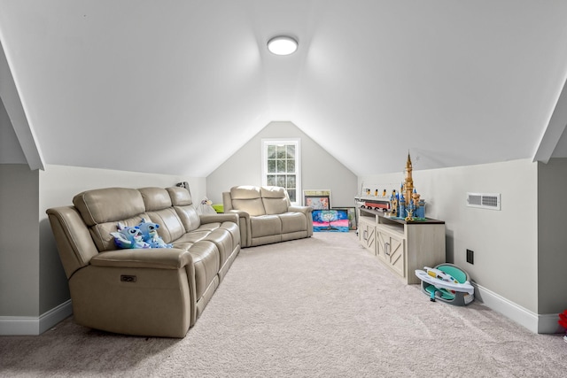 game room featuring carpet, visible vents, vaulted ceiling, and baseboards