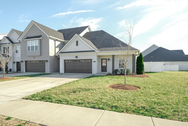 view of front of home with concrete driveway, a front yard, and fence