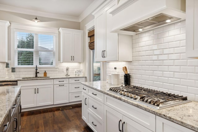 kitchen with white cabinetry, sink, appliances with stainless steel finishes, and premium range hood