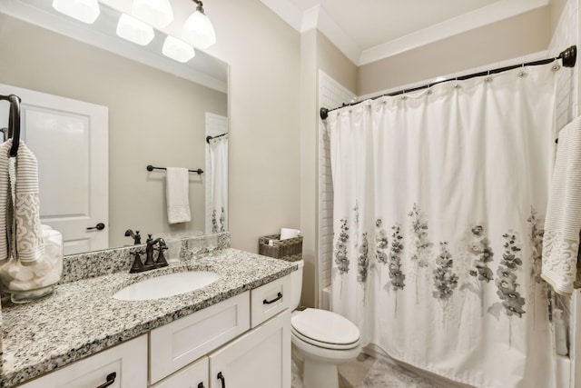 full bathroom with vanity, shower / bathtub combination with curtain, crown molding, and toilet