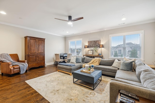 living room with hardwood / wood-style flooring, ornamental molding, a wealth of natural light, and ceiling fan