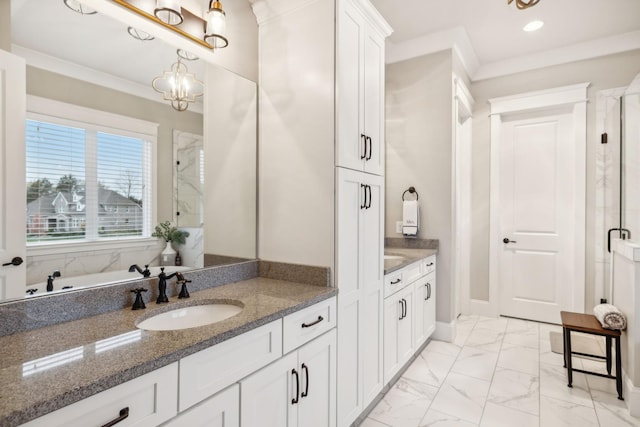 bathroom featuring vanity, crown molding, and a shower with door