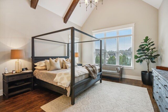 bedroom featuring beamed ceiling, dark hardwood / wood-style flooring, and high vaulted ceiling