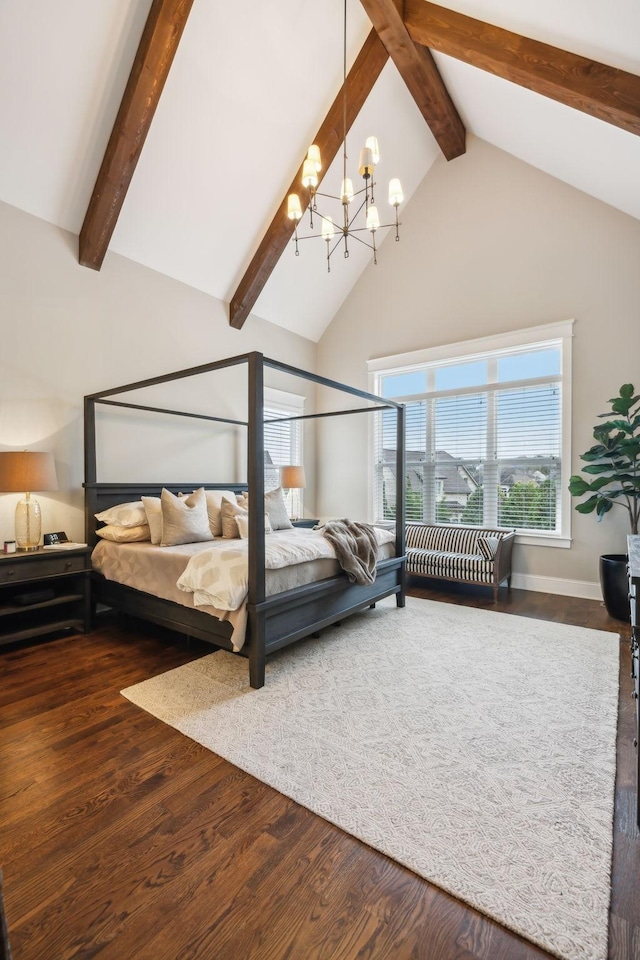 bedroom featuring a notable chandelier, beam ceiling, dark wood-type flooring, and high vaulted ceiling