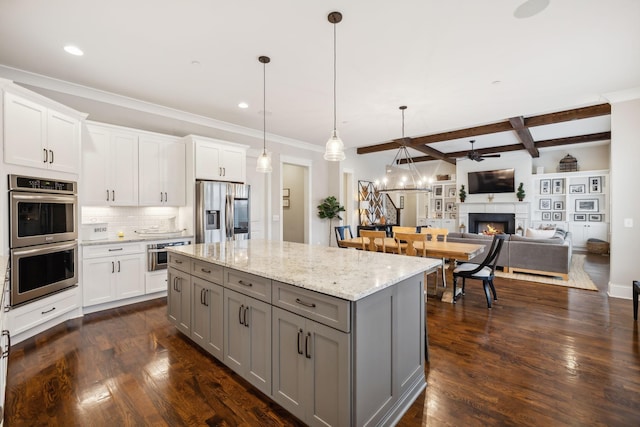 kitchen with white cabinetry, stainless steel appliances, gray cabinets, and hanging light fixtures