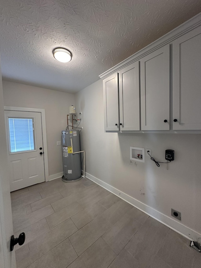 laundry room with hookup for a washing machine, electric water heater, baseboards, cabinet space, and electric dryer hookup