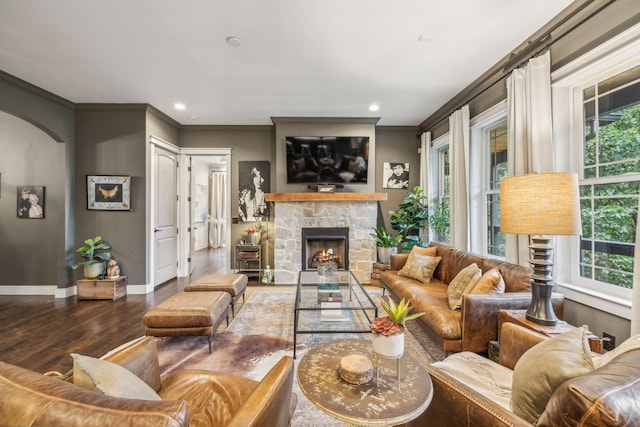 living area featuring a fireplace, recessed lighting, ornamental molding, wood finished floors, and baseboards