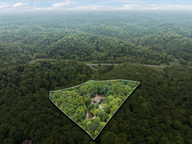 drone / aerial view with a wooded view