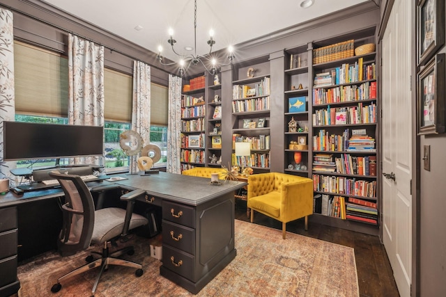 office featuring a notable chandelier and dark wood-style flooring