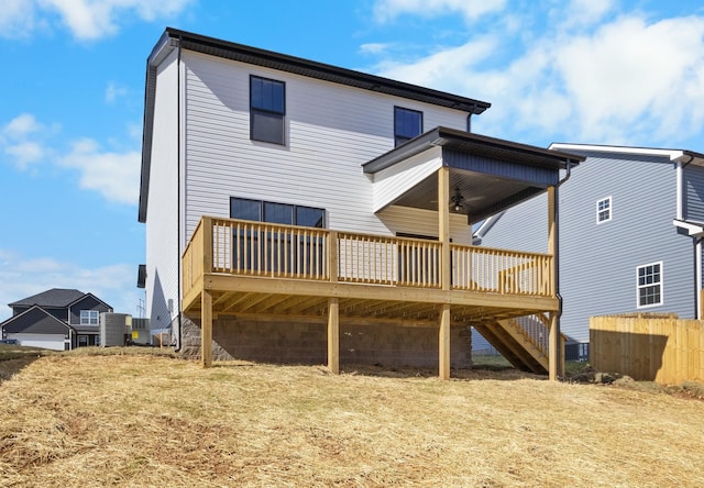 back of property with stairs, ceiling fan, a deck, and central AC unit