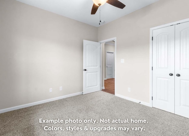 unfurnished bedroom featuring ceiling fan, a closet, and carpet