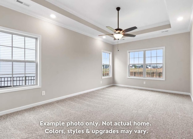 carpeted spare room with a tray ceiling, ornamental molding, and ceiling fan