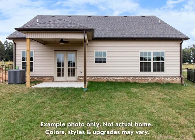 back of property with french doors, a patio area, central air condition unit, a lawn, and ceiling fan