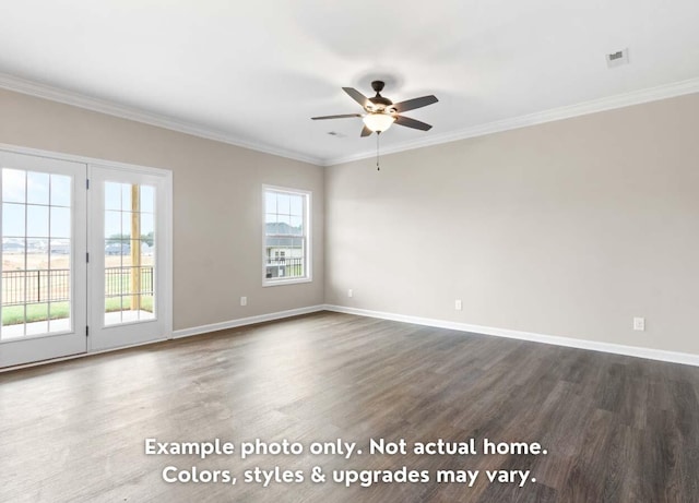 unfurnished room featuring crown molding, ceiling fan, and dark hardwood / wood-style flooring