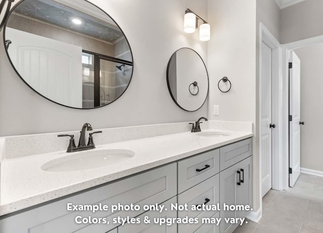 bathroom with vanity, tile patterned floors, and walk in shower