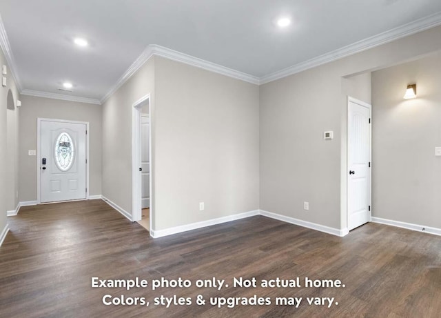 foyer with ornamental molding and dark hardwood / wood-style flooring