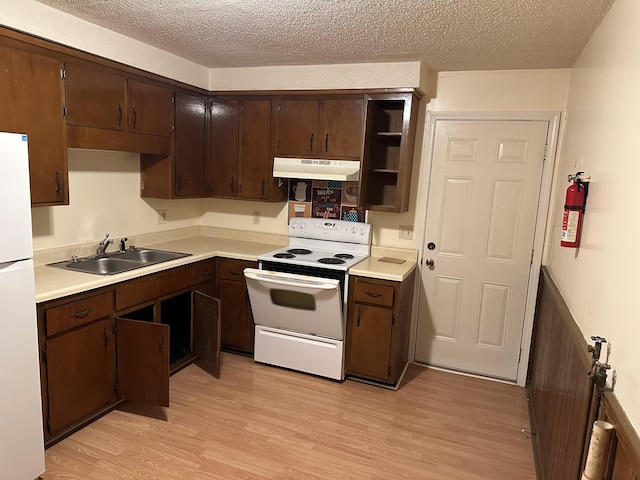 kitchen with dark brown cabinetry, sink, white appliances, and light hardwood / wood-style flooring