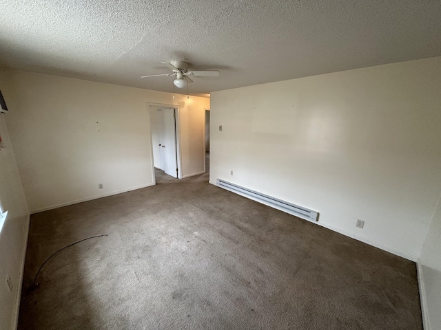 carpeted spare room featuring ceiling fan, a textured ceiling, and baseboard heating