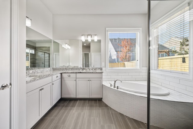 bathroom featuring vanity and independent shower and bath