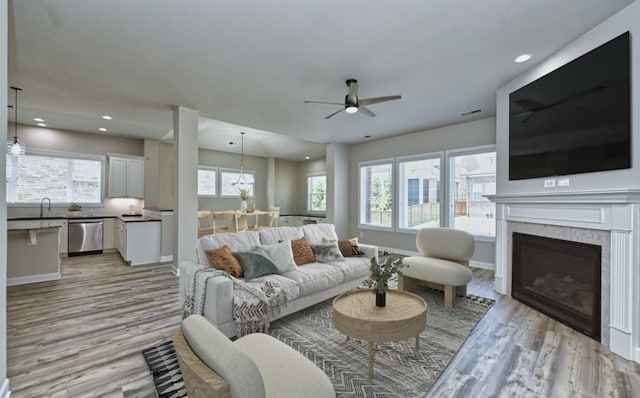 living room featuring sink, a wealth of natural light, and light wood-type flooring