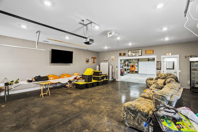 garage featuring a garage door opener and refrigerator