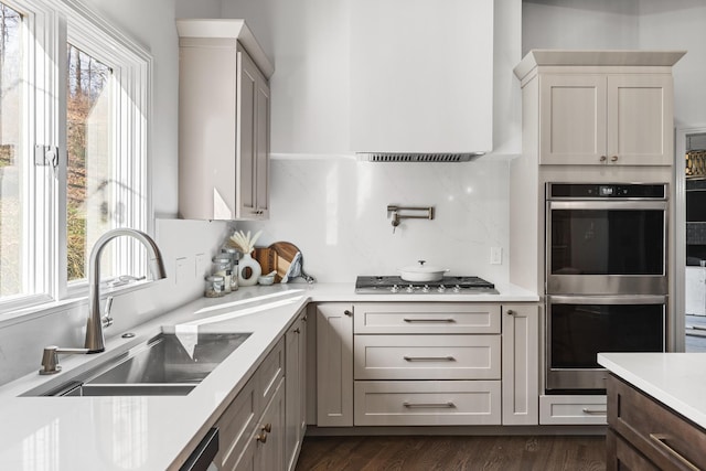 kitchen with tasteful backsplash, appliances with stainless steel finishes, sink, and dark hardwood / wood-style flooring