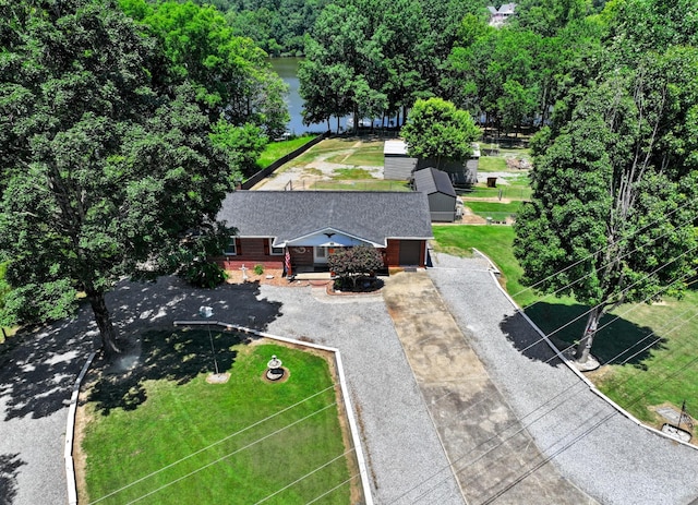 bird's eye view with a water view