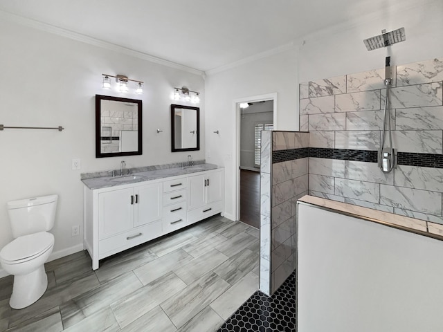 3556 Forest Park Rd, Springfield, TN 37172 - bathroom featuring walk in shower, toilet, crown molding, double vanity, and baseboards