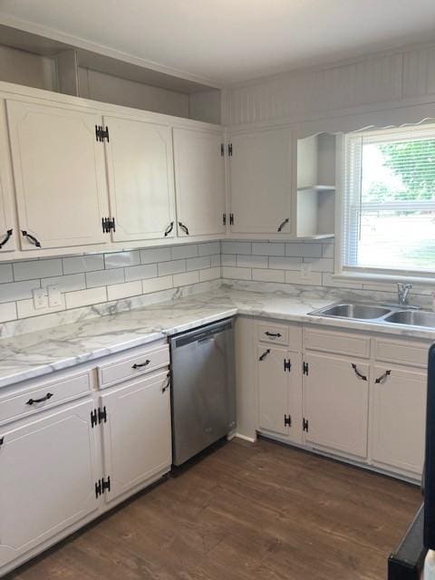 kitchen featuring white cabinetry, sink, stainless steel dishwasher, and dark hardwood / wood-style floors