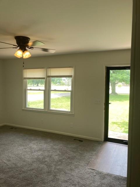 carpeted spare room featuring ceiling fan